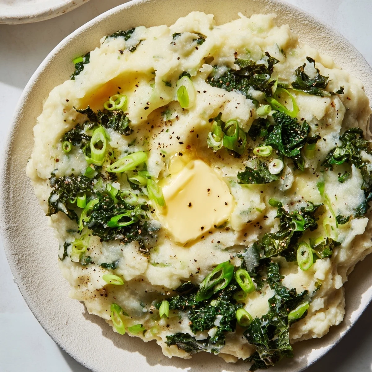 Comforting Irish Colcannon with kale and butter, steam rising, ideal for St. Patrick's Day or a vegetarian meal.