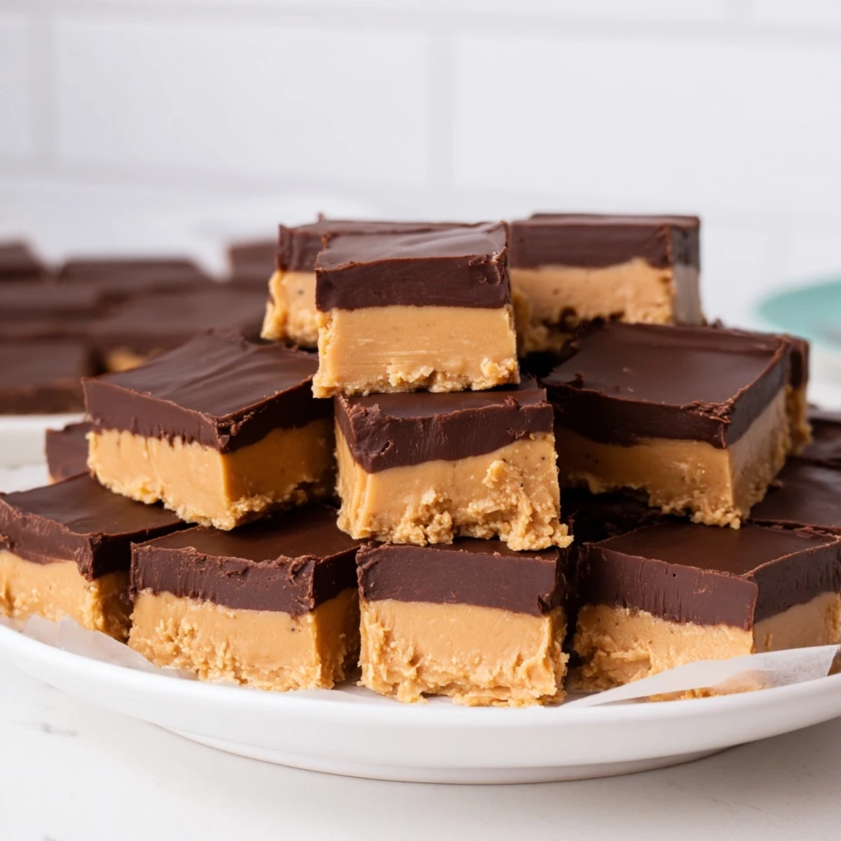 Chocolate Peanut Butter Fudge Squares stacked high, featuring creamy layers of chocolate and peanut butter fudge on a rustic wooden board.