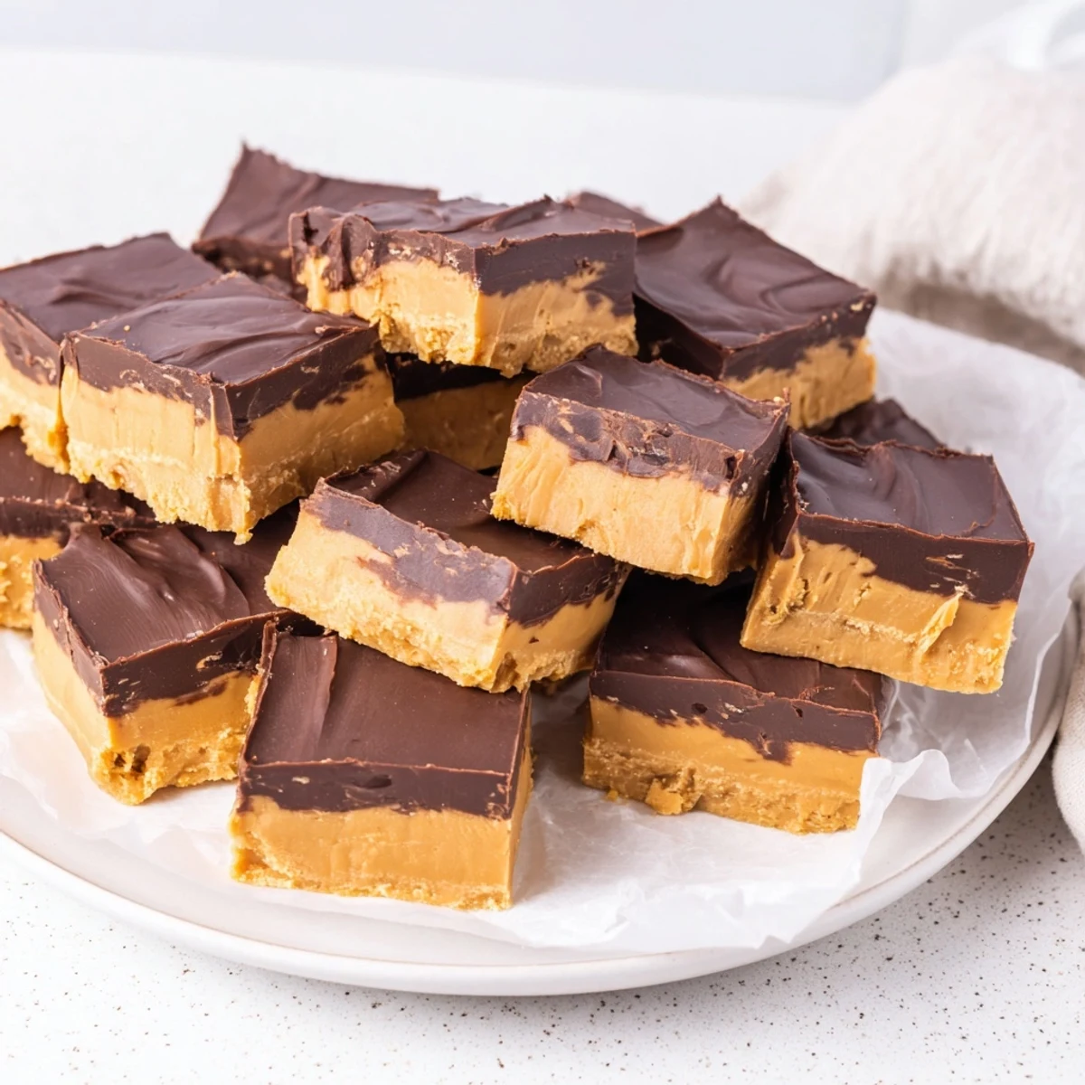 Individual Chocolate Peanut Butter Fudge Squares arranged neatly on a white plate, ready to serve as a delicious homemade dessert.