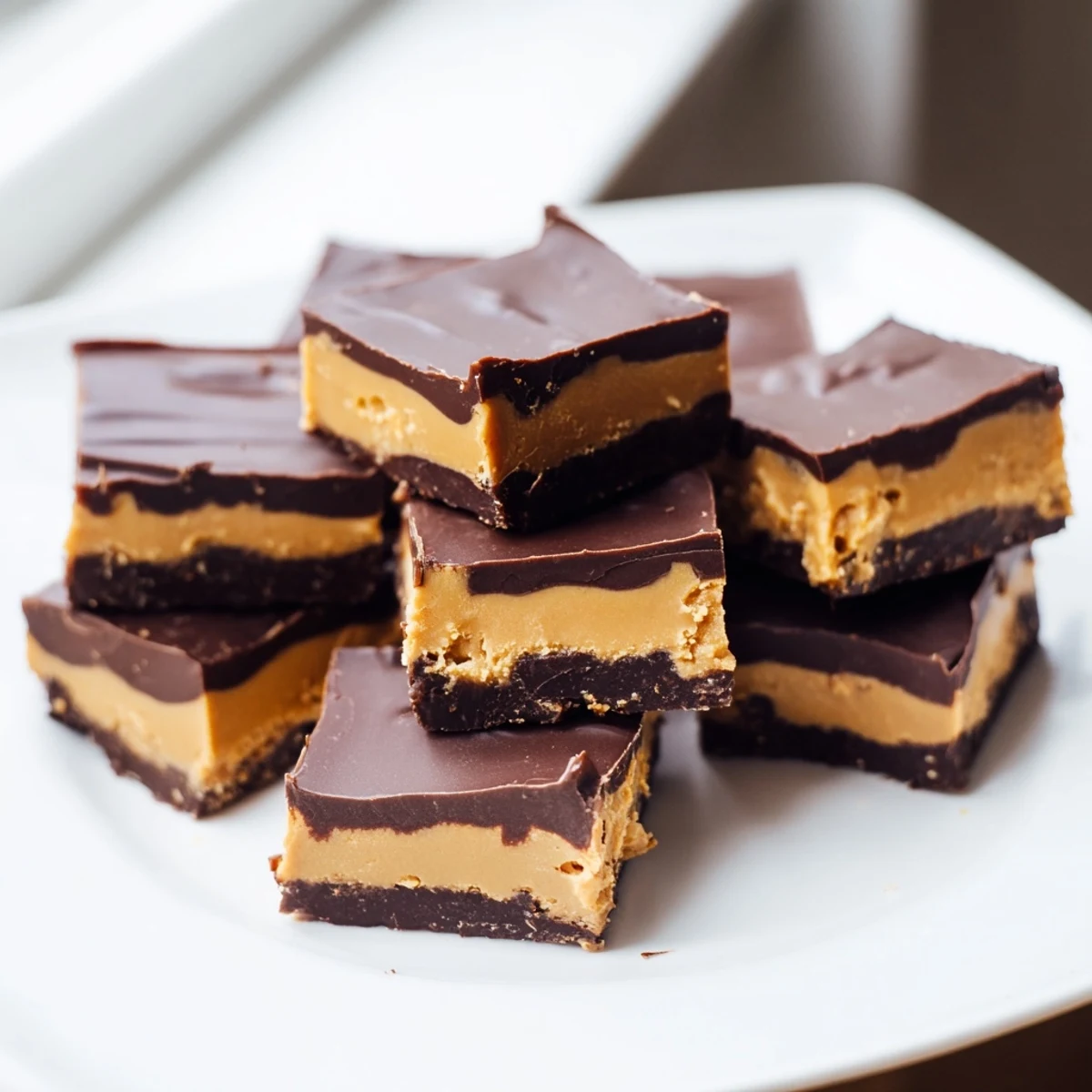 A close-up view of Chocolate Peanut Butter Fudge Squares showing a moist, dense texture with a drizzle of melted chocolate topping.