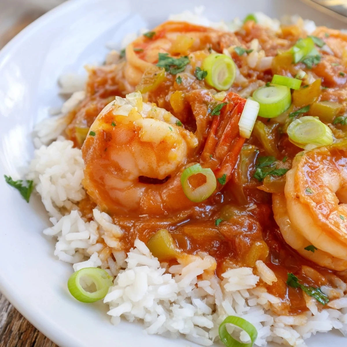 Mardi Gras Shrimp Creole with Rice glows in a skillet with tender shrimp nestled in a rich, tomato-based sauce and fluffy white rice, garnished with fresh green onions and parsley.