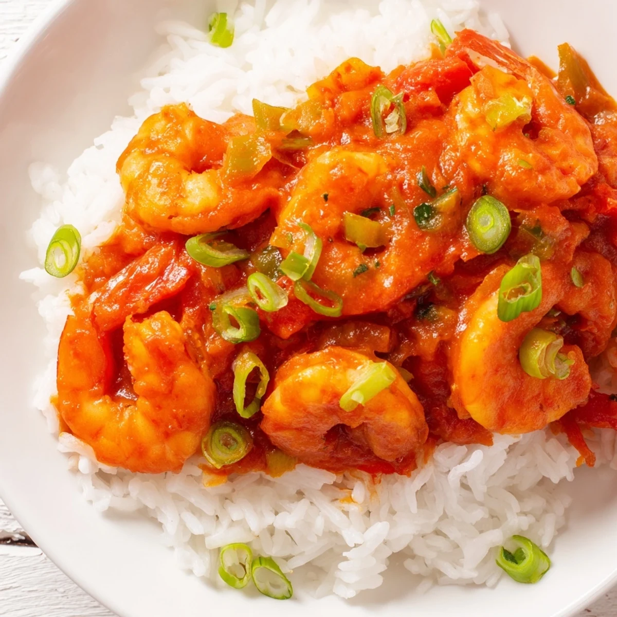 A close-up of Mardi Gras Shrimp Creole with Rice shows plump pink shrimp in a zesty, spiced tomato sauce served over steaming white rice on a festive plate.