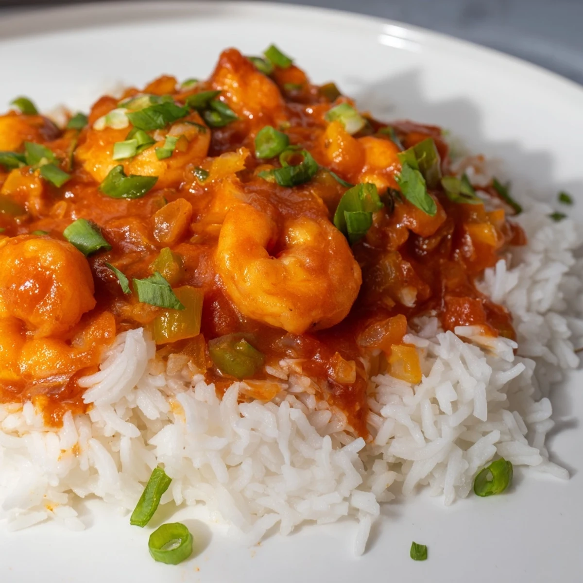 In a rustic white bowl, Mardi Gras Shrimp Creole with Rice features sautéed vegetables, juicy shrimp, and a bold Creole sauce over fluffy rice, ready to enjoy.