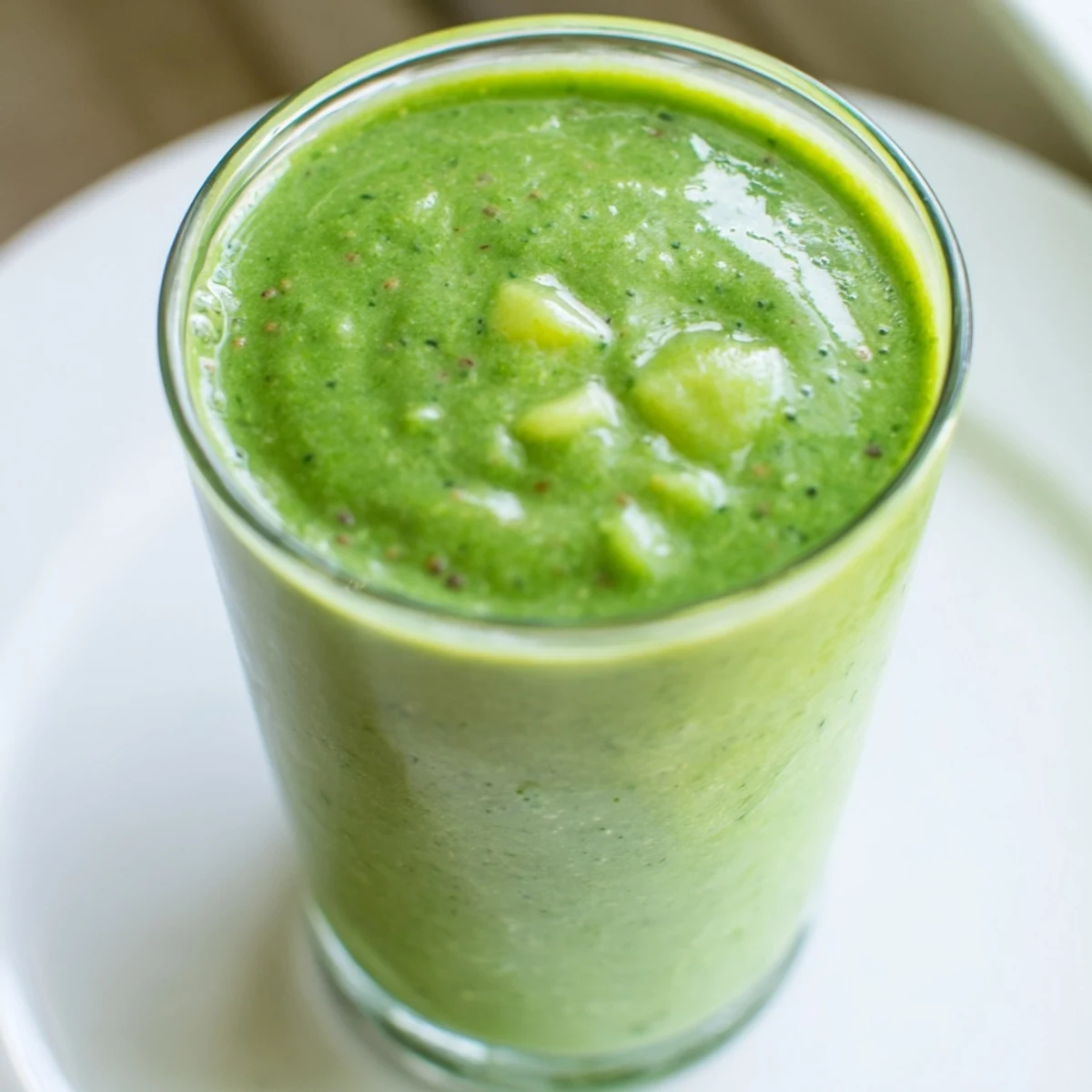 A glass of vibrant Green Detox Smoothie with Ginger, garnished with fresh spinach leaves and a thin lemon slice, rests on a wooden counter.