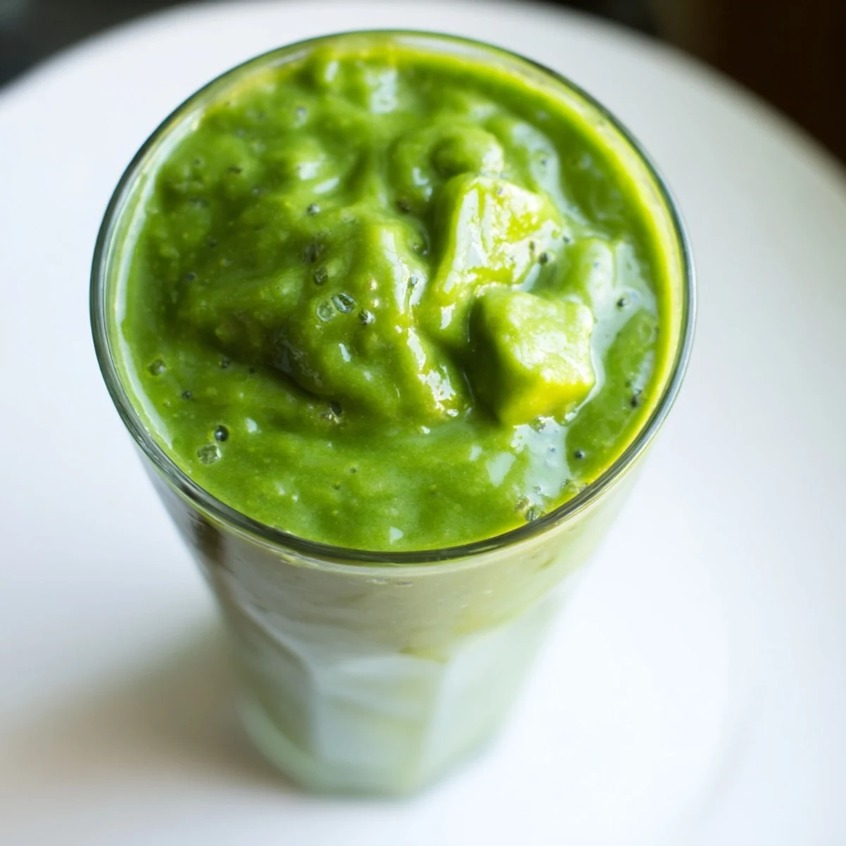This refreshing Green Detox Smoothie with Ginger is poured into a mason jar, topped with a sprinkle of chia seeds and a swirl of coconut water.