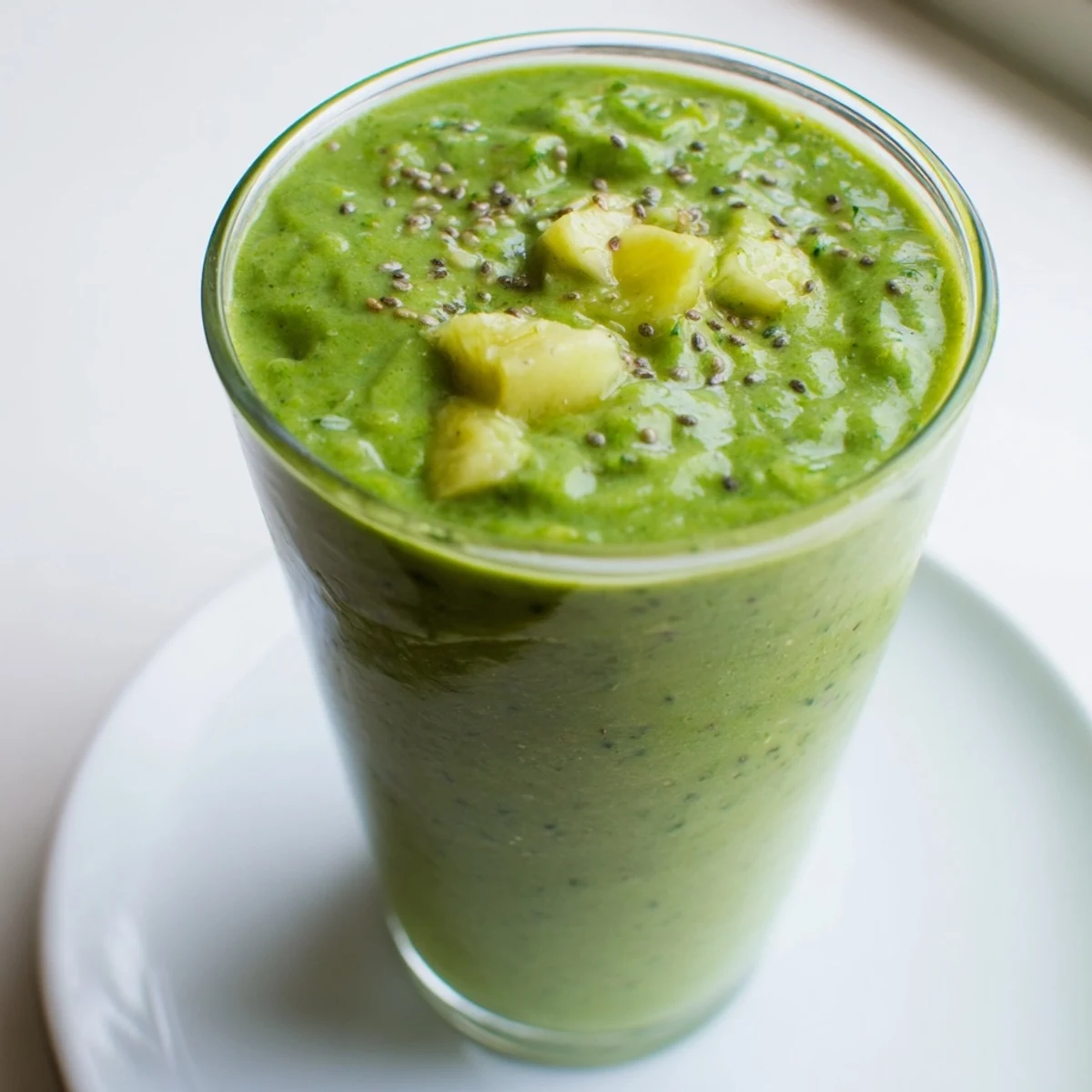 A frosted tumbler holds the creamy Green Detox Smoothie with Ginger, blending bright green hues from spinach and kale, perfect for a healthy breakfast.