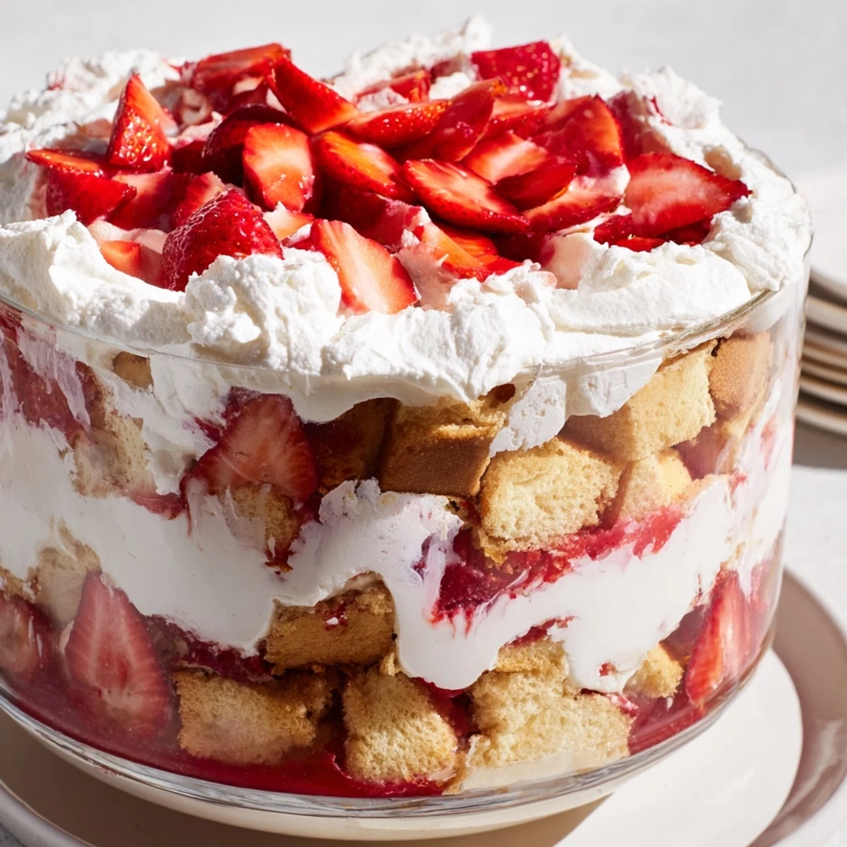 A close-up view of the Strawberry Shortcake Trifle layered with juicy red strawberries, soft shortcake cubes, and fluffy whipped cream in a glass bowl.