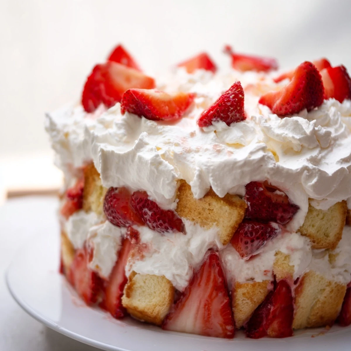 Layered dessert presentation of Strawberry Shortcake Trifle with glistening strawberries, tender cake crumbs, and smooth vanilla cream ready for a summer gathering.
