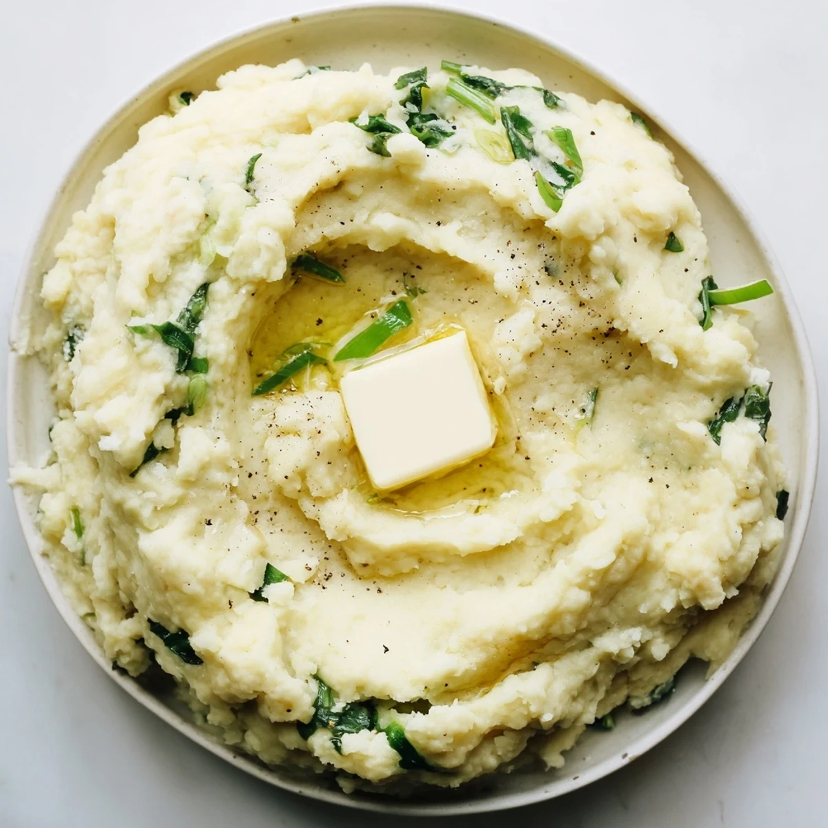 Creamy Irish Colcannon with Kale and Butter served hot in a rustic bowl, garnished with fresh scallions and a melting pat of butter.
