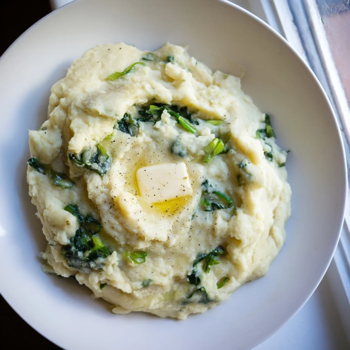 A close-up of Irish Colcannon with Kale and Butter, showcasing fluffy mashed potatoes mixed with vibrant green sautéed kale and tender scallions.