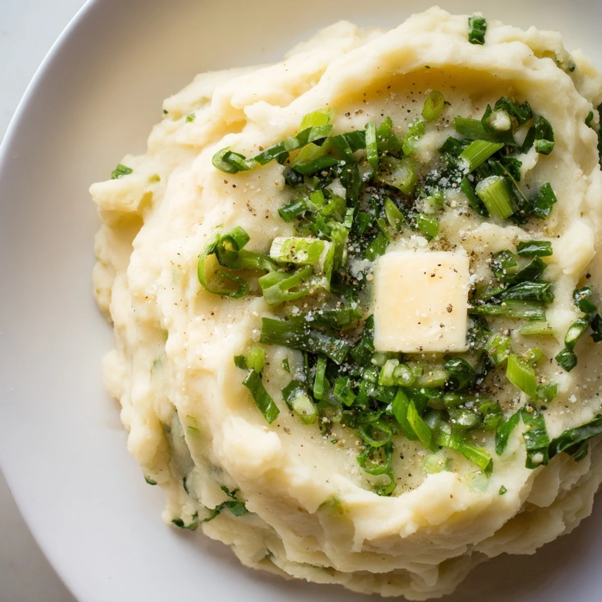 Hearty Irish Colcannon with Kale and Butter side dish next to roasted chicken, steam rising from the golden, buttery potato mash.