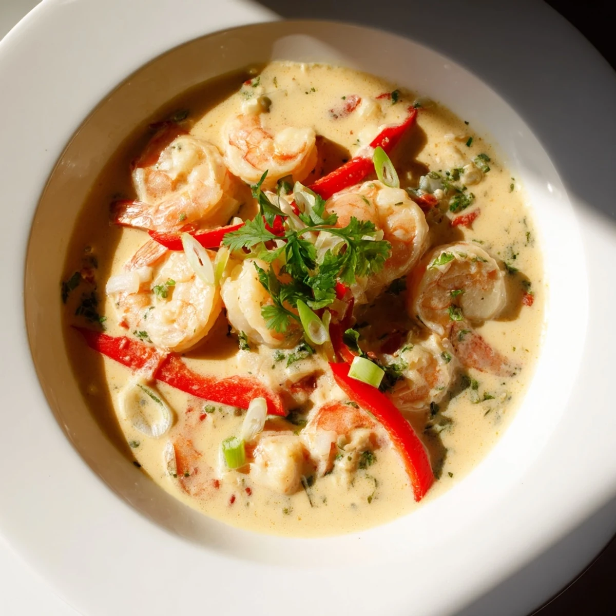 Creamy Garlic Shrimp in Coconut Milk simmering in a skillet, garnished with fresh cilantro and served with steamed white rice.