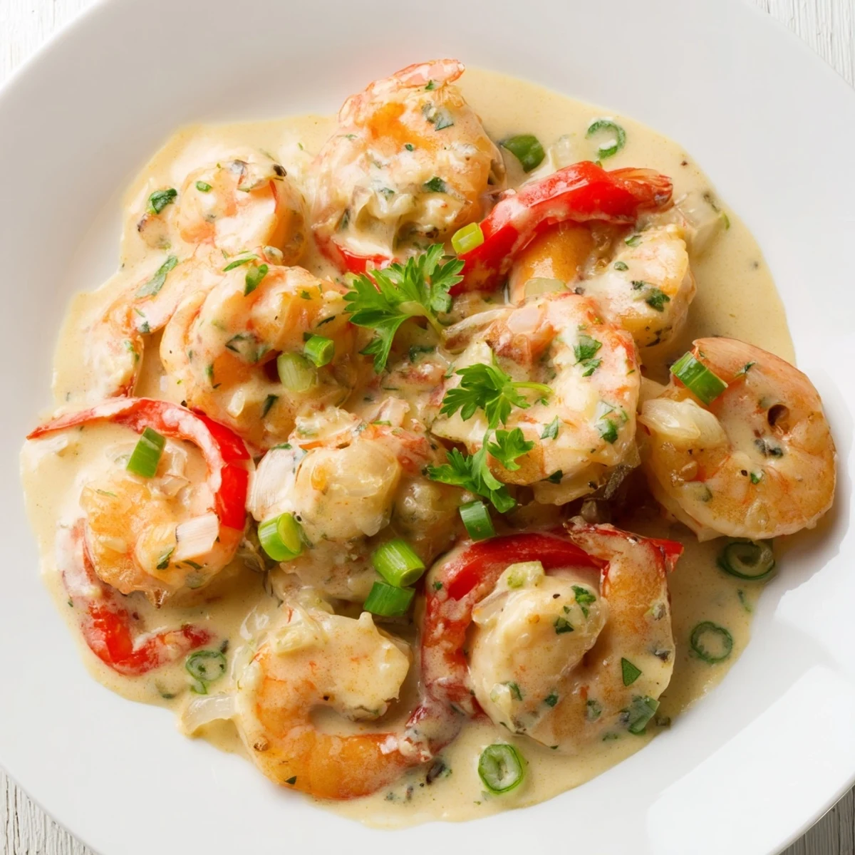 Juicy Garlic Shrimp in Coconut Milk with tender shrimp and red bell peppers, offering a fragrant, tropical aroma in a white bowl.