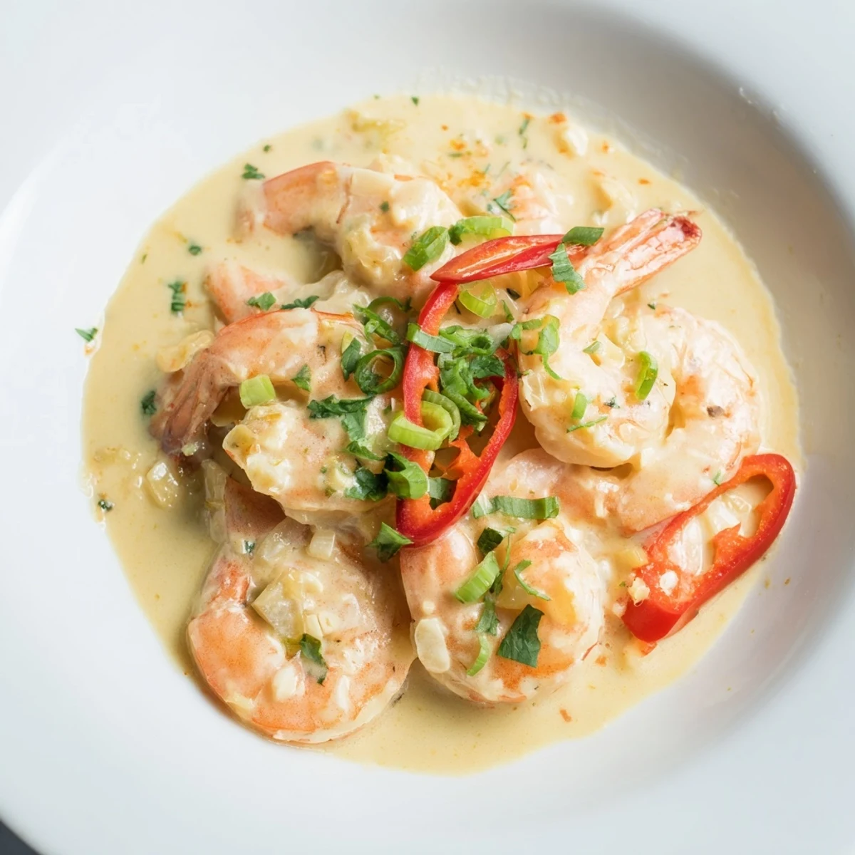 A close-up of Garlic Shrimp in Coconut Milk showing a luscious sauce and herbs, ready to be enjoyed with lime wedges.