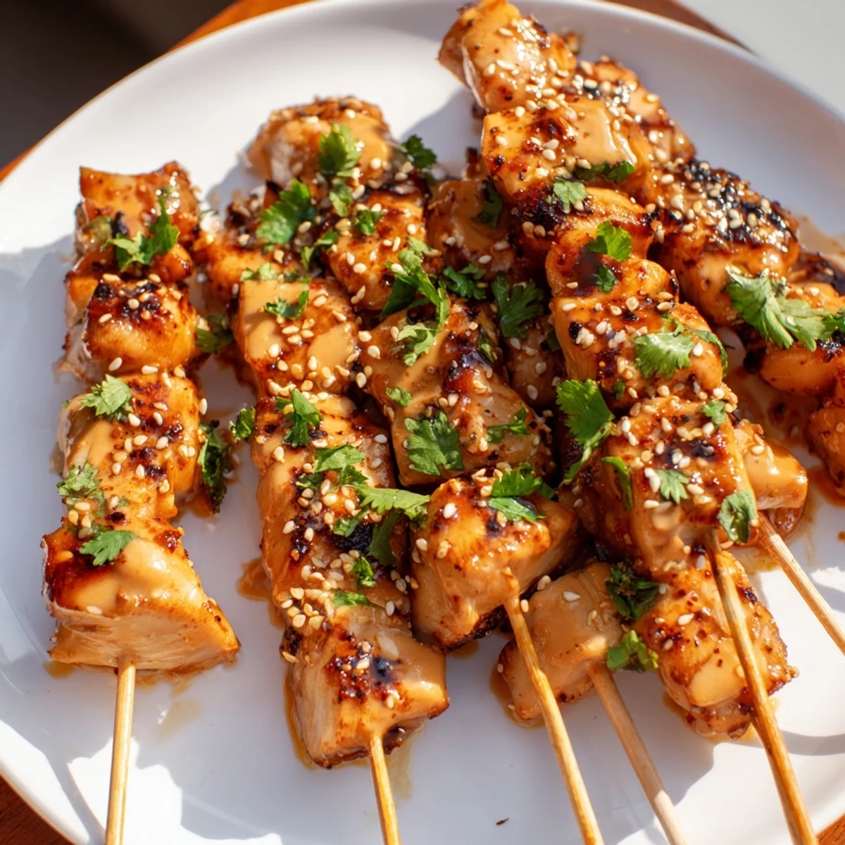 Skewers of Bang Bang Chicken fresh off the grill, brushed with creamy spicy-sweet sauce and topped with sesame seeds and cilantro.