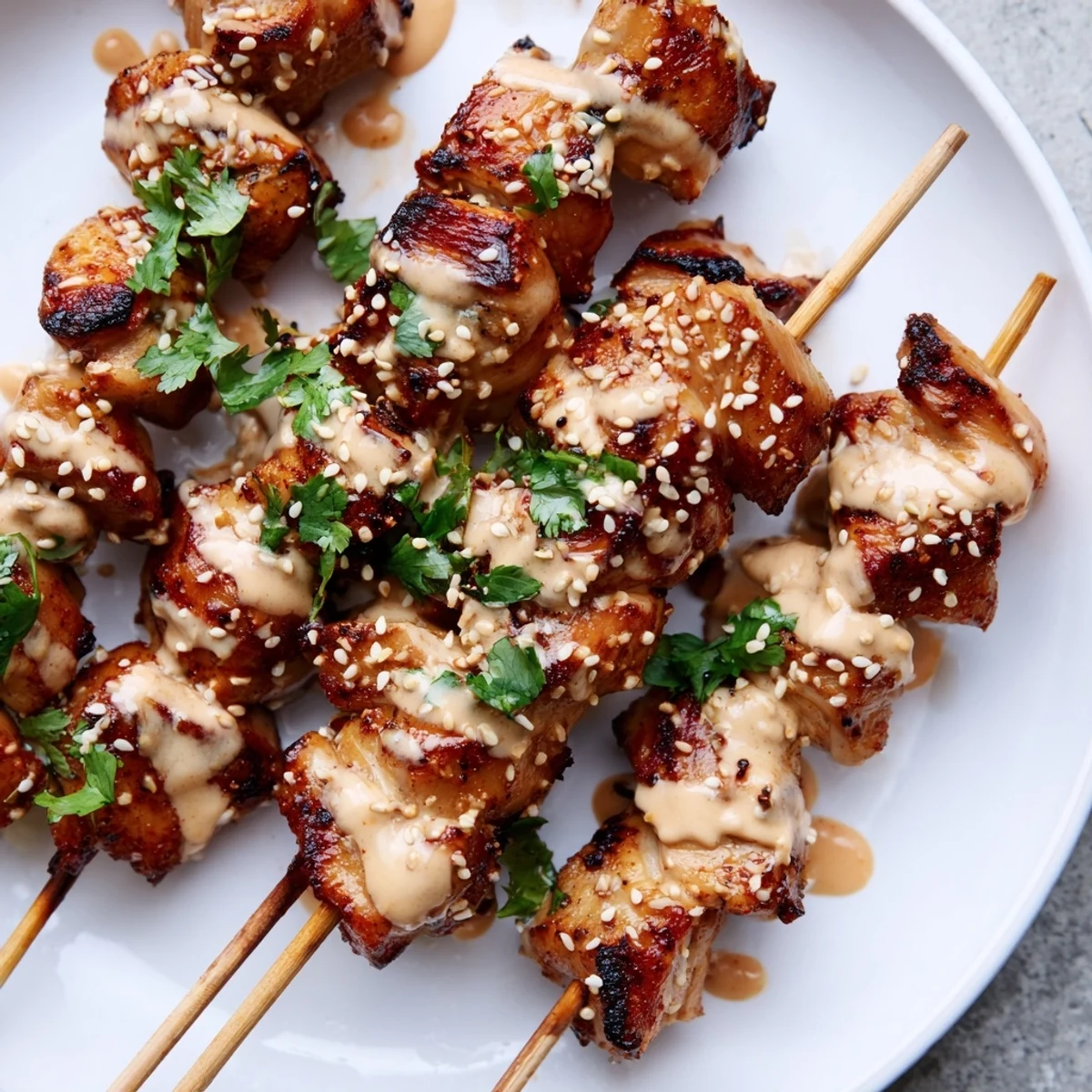 Sizzling Bang Bang Chicken skewers plated beside steamed rice, showing the glossy sauce and char marks on tender meat.
