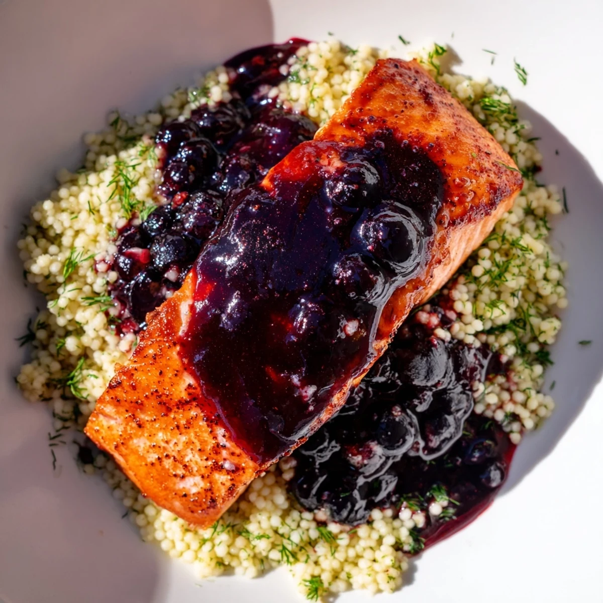 Warm blueberry glazed salmon rests on aromatic lemon herb couscous beside fresh lemon wedges.