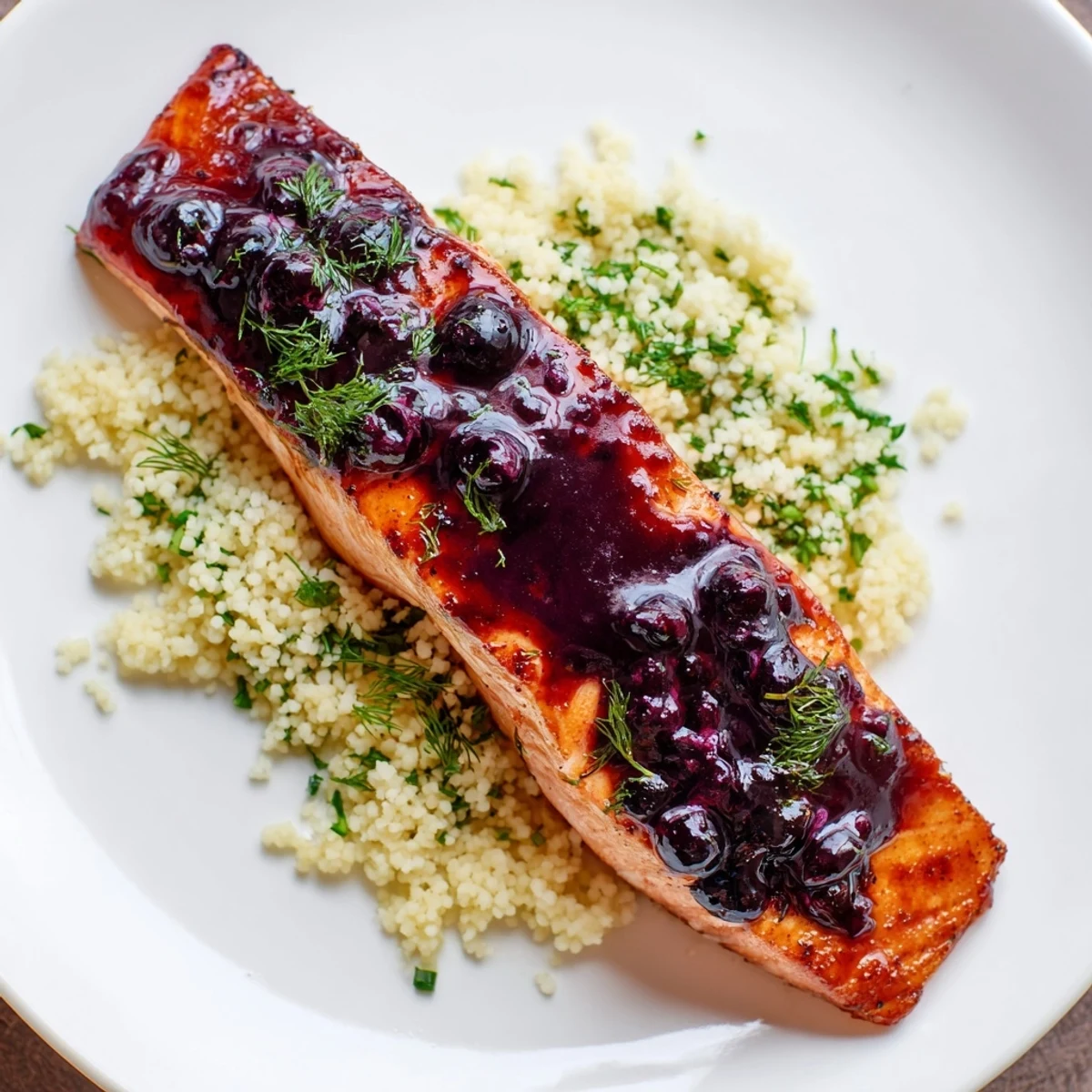 Succulent salmon fillets glazed with tangy blueberry reduction served atop fluffy lemon herb couscous.