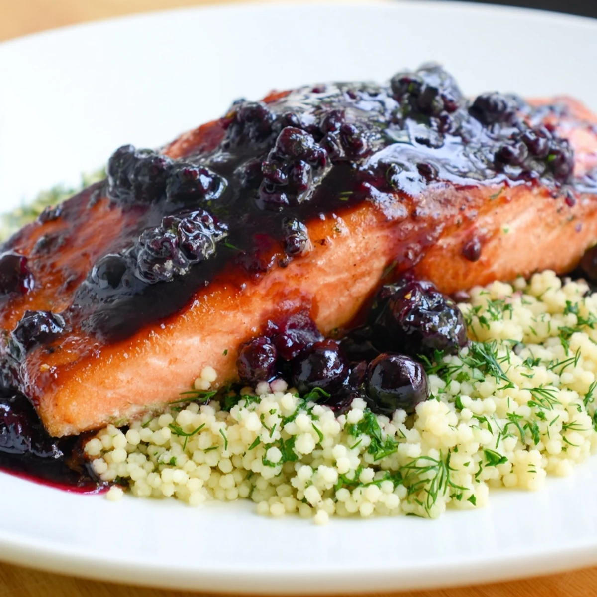 Golden seared salmon with glossy blueberry glaze paired with fluffy couscous and herbs on plate.