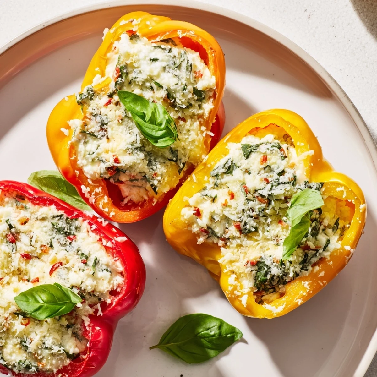 Golden-baked bell pepper halves filled with creamy ricotta and fresh herbs for a flavorful vegetarian meal.