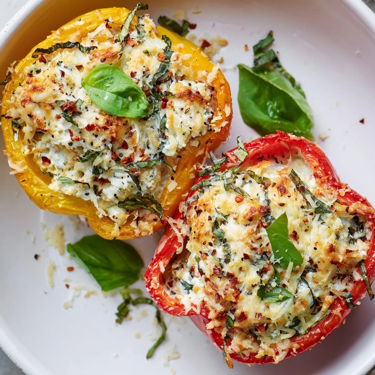 Close-up of Ricotta Stuffed Peppers with a golden, bubbly cheese topping, garnished with fresh basil leaves.