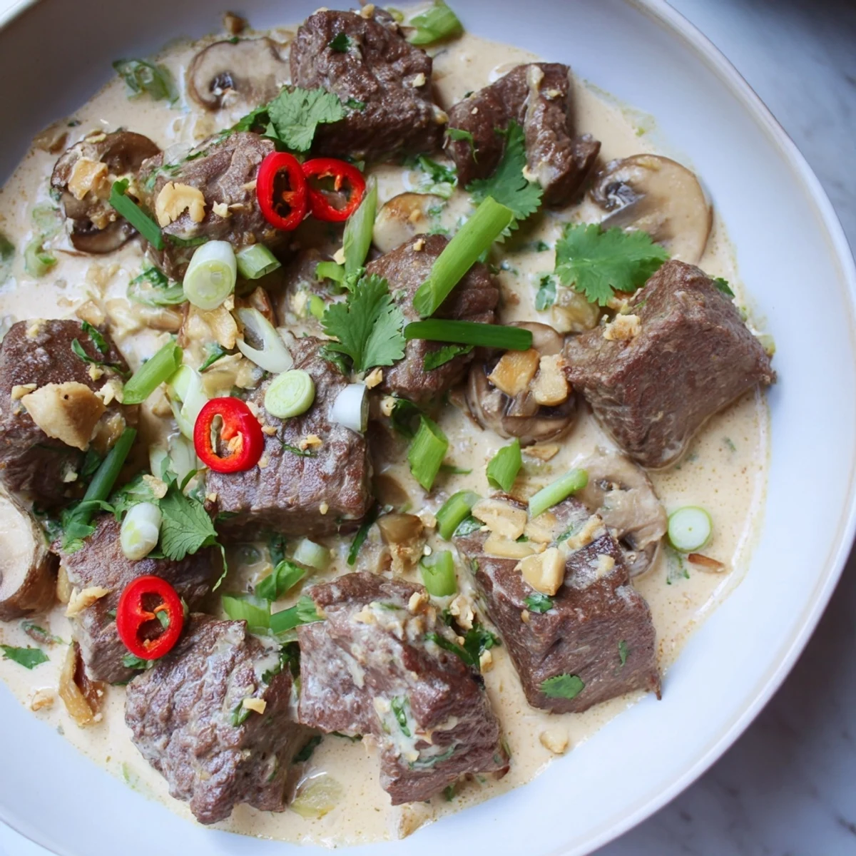 Steaming bowl of Lemongrass Coconut Braised Beef with Mushrooms, tender chunks in aromatic coconut sauce.