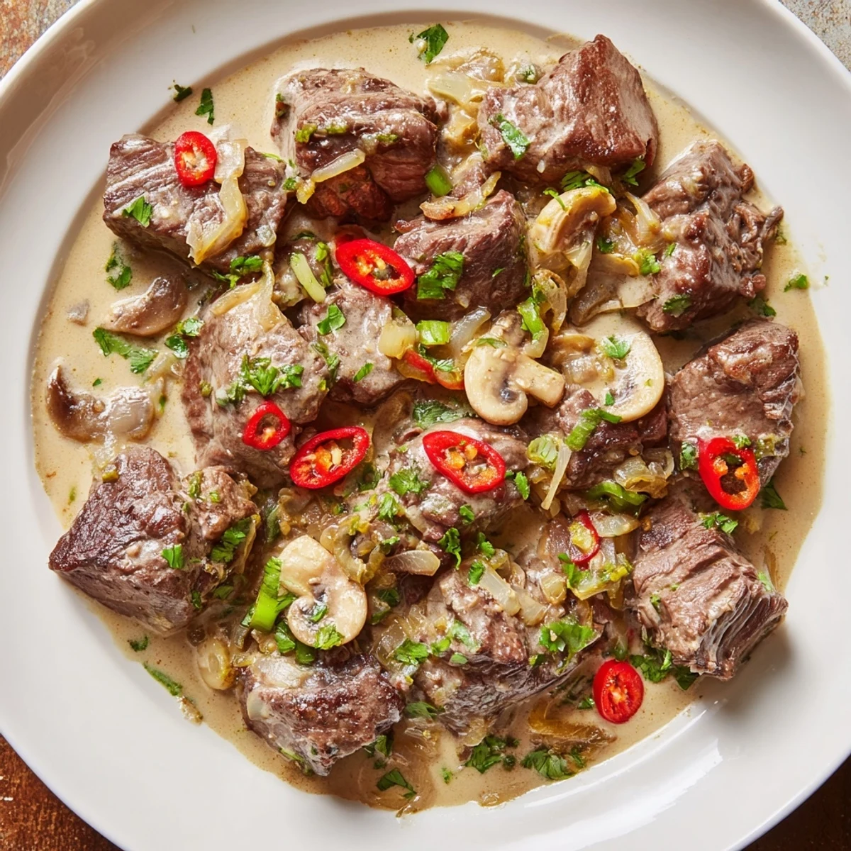 Fragrant Lemongrass Coconut Braised Beef with Mushrooms garnished with fresh cilantro and lime wedges.