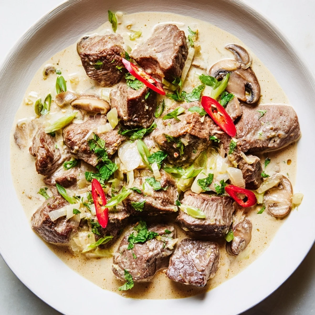 Close-up of rich Lemongrass Coconut Braised Beef with Mushrooms served over fluffy steamed jasmine rice.