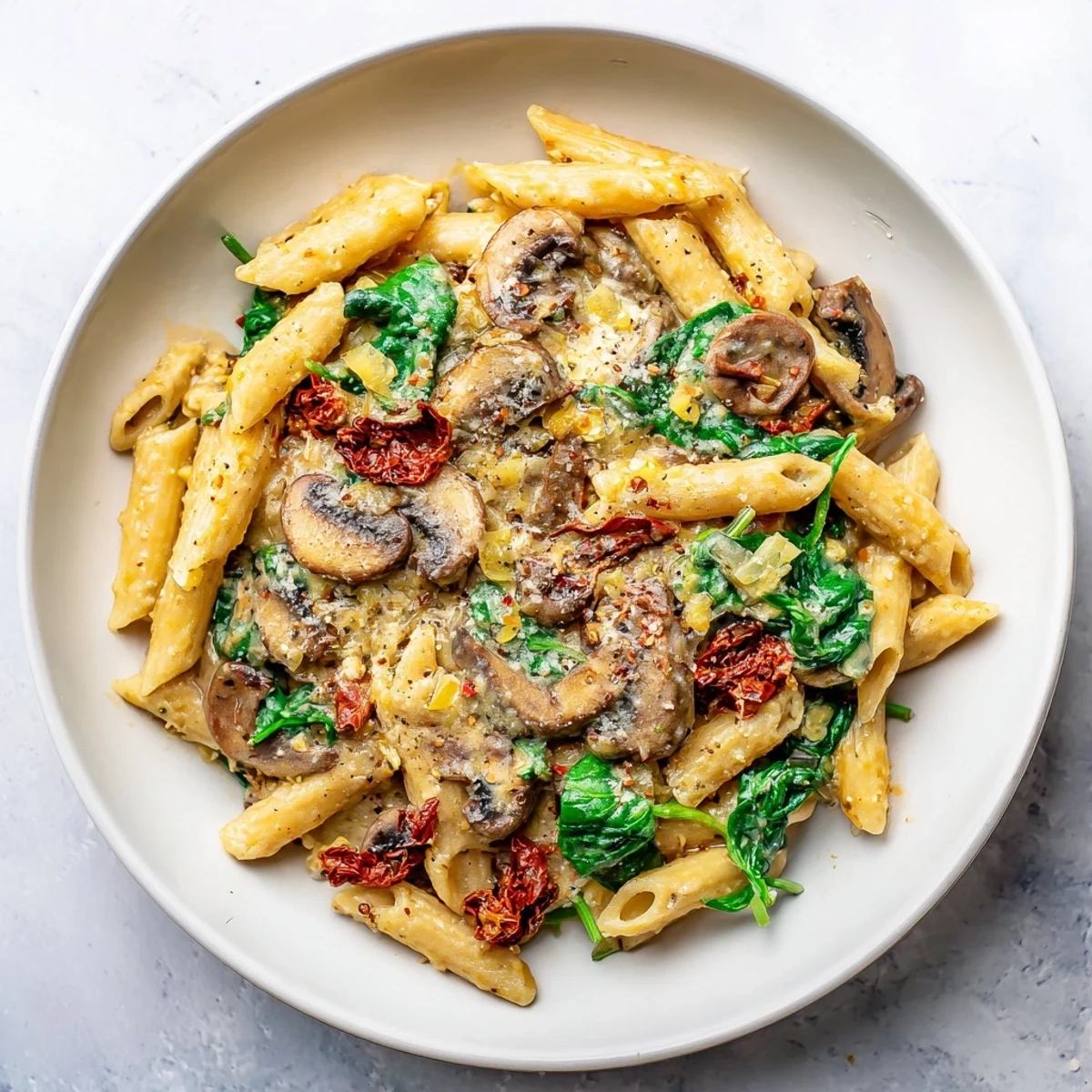 Creamy Tuscan Mushroom Pasta Skillet with sautéed cremini mushrooms, wilted spinach, and sun-dried tomatoes in a rich Parmesan sauce, served steaming in a skillet.