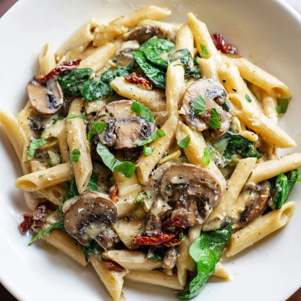 A close-up of Creamy Tuscan Mushroom Pasta Skillet featuring tender mushrooms and vibrant spinach coated in a creamy sauce, garnished with fresh basil and extra Parmesan.