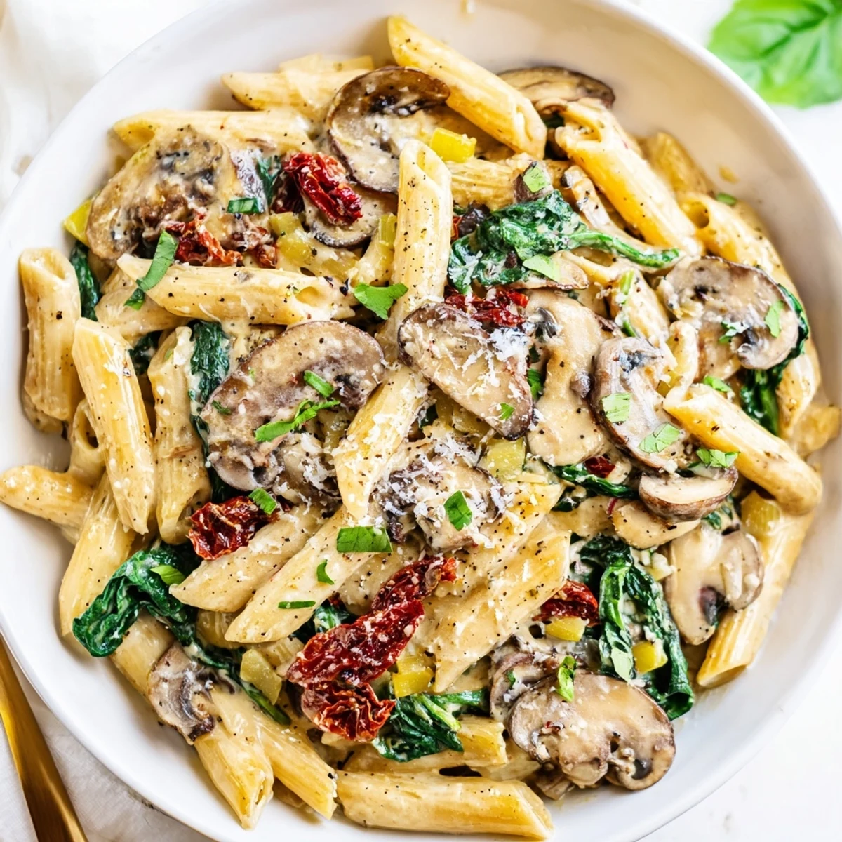 One-pan Creamy Tuscan Mushroom Pasta Skillet on a rustic wooden table, with a glass of white wine and crusty bread beside the bubbling, cheesy pasta.