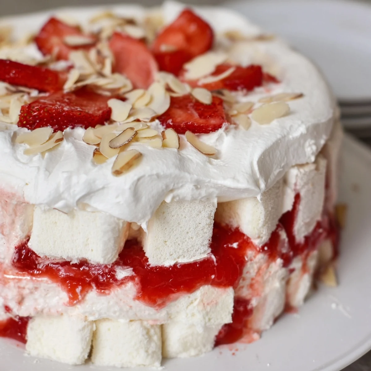 Creamy Heaven on Earth Cake layers angel food cake, vanilla pudding, and sweet strawberries in a glass trifle dish.