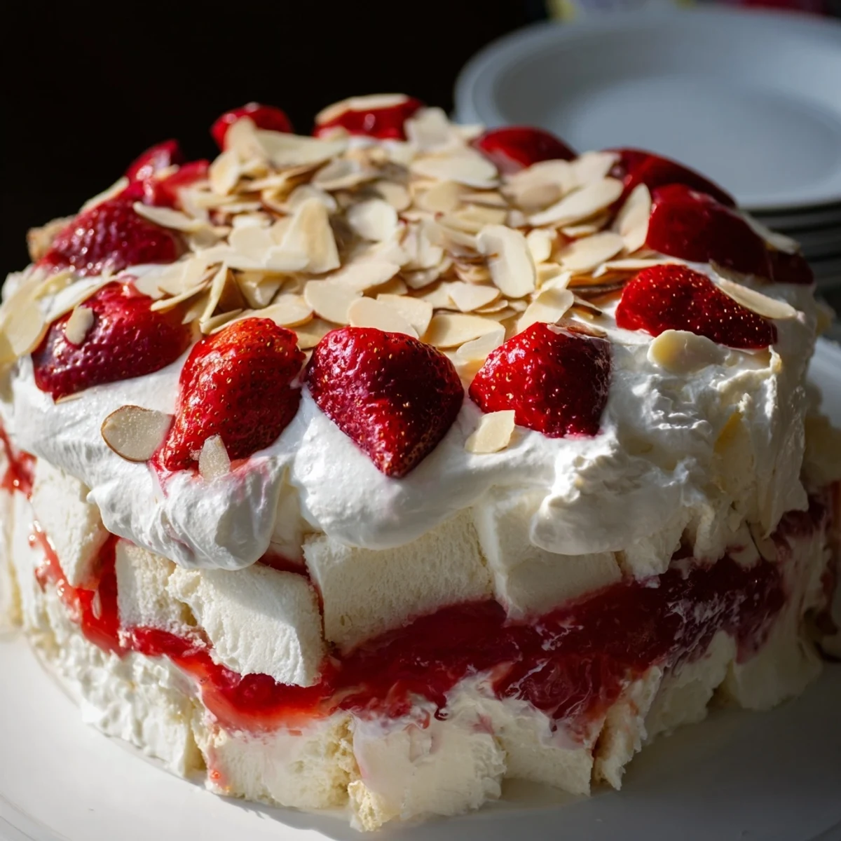 Chilled Heaven on Earth Cake is topped with whipped cream and fresh strawberries for a summer party dessert.