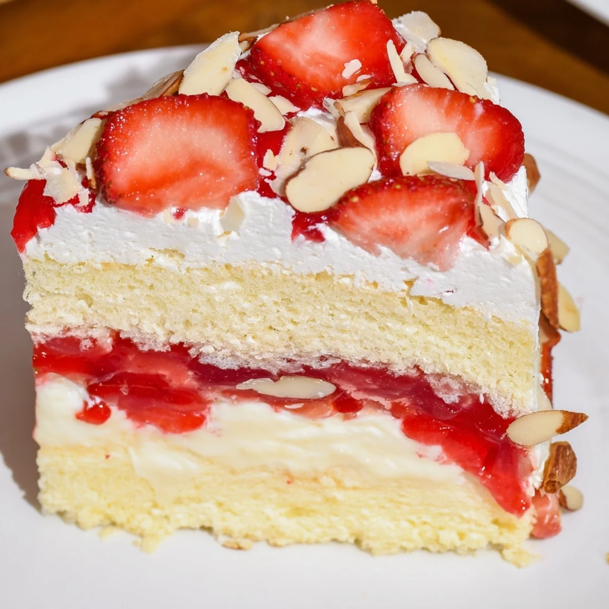 No-bake Heaven on Earth Cake shows layered angel food cake cubes soaked in strawberry filling and creamy pudding.