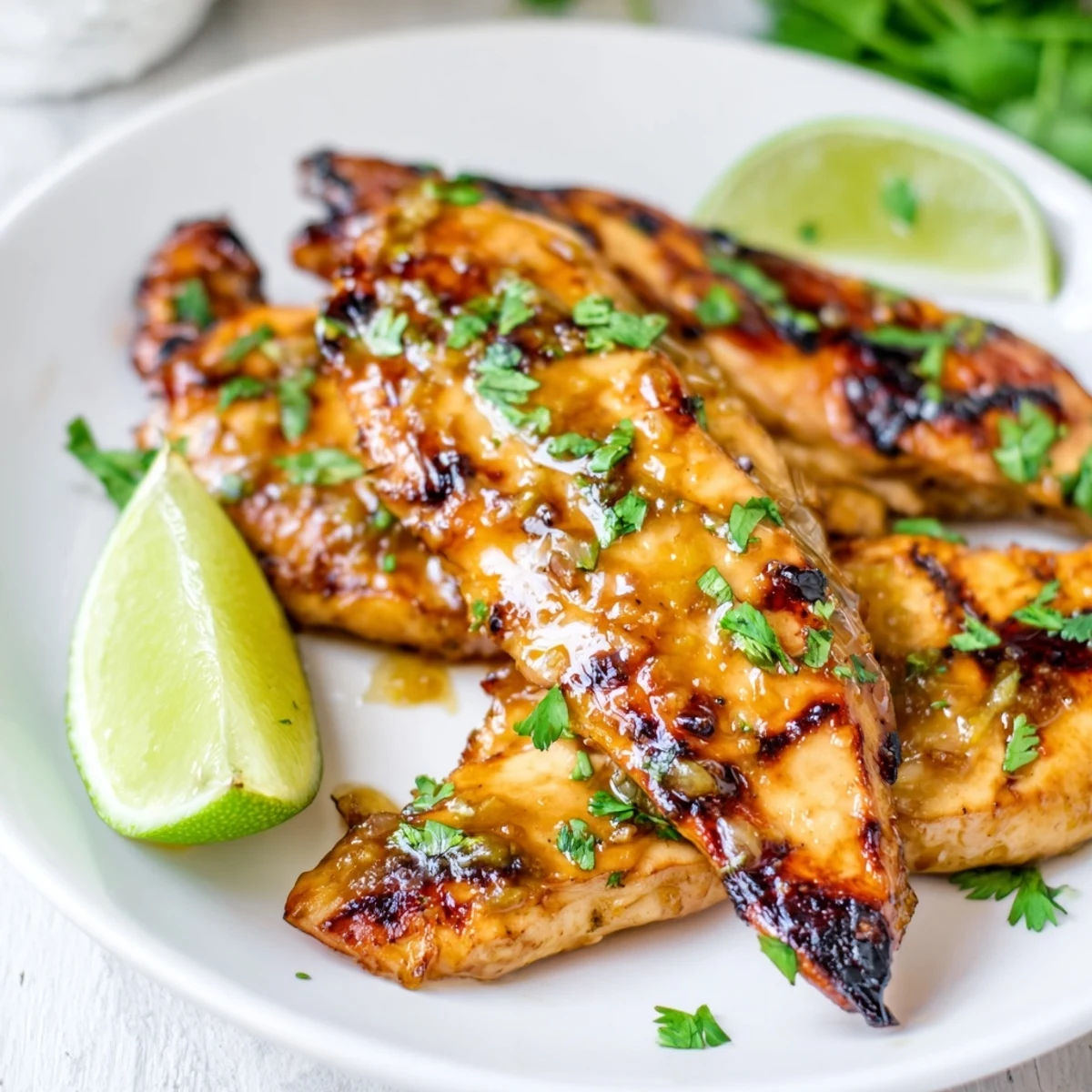 Perfectly grilled Spicy Honey Lime Chicken breasts with visible char marks, fresh cilantro garnish, and lime wedges on a white plate.