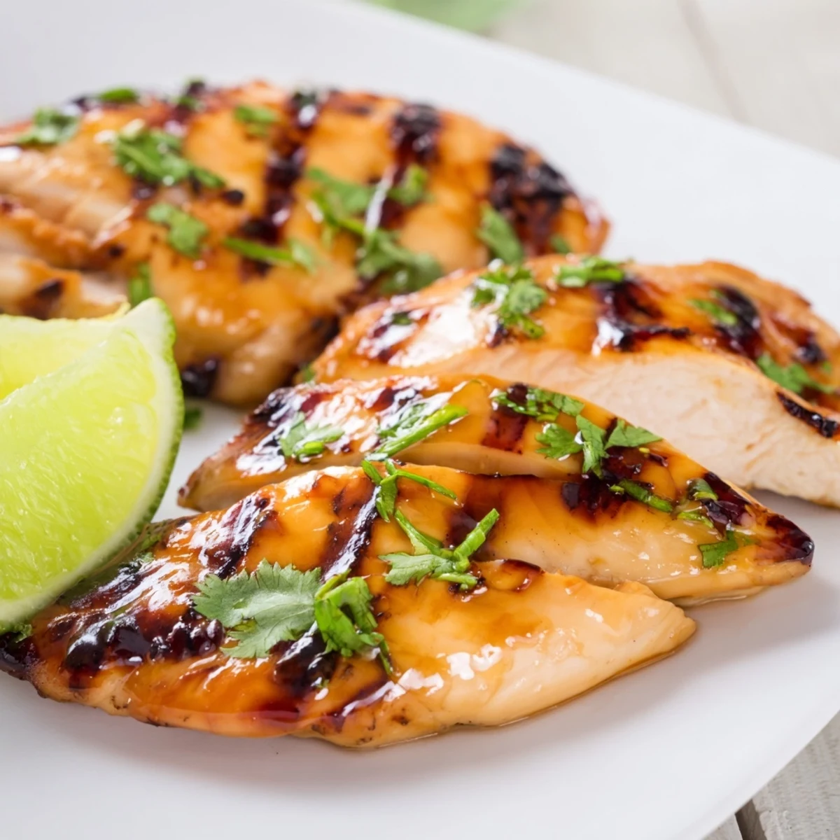 Tender sliced Spicy Honey Lime Chicken arranged over fluffy rice, garnished with cilantro and lime slices for a complete meal.