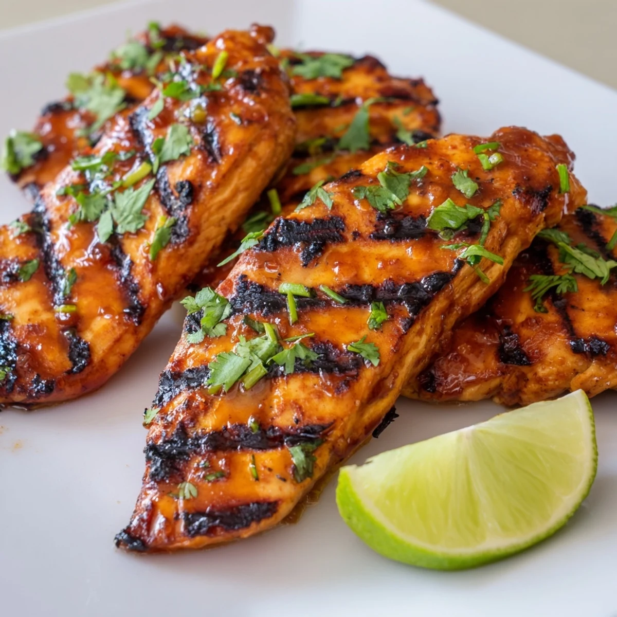Close-up of juicy Spicy Honey Lime Chicken with sticky glaze, served on a rustic wooden cutting board with lime wedges.