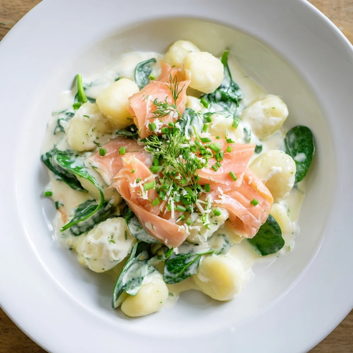 Warm, creamy Healthy Smoked Salmon Gnocchi with spinach, dill, and lemon wedges in a skillet.