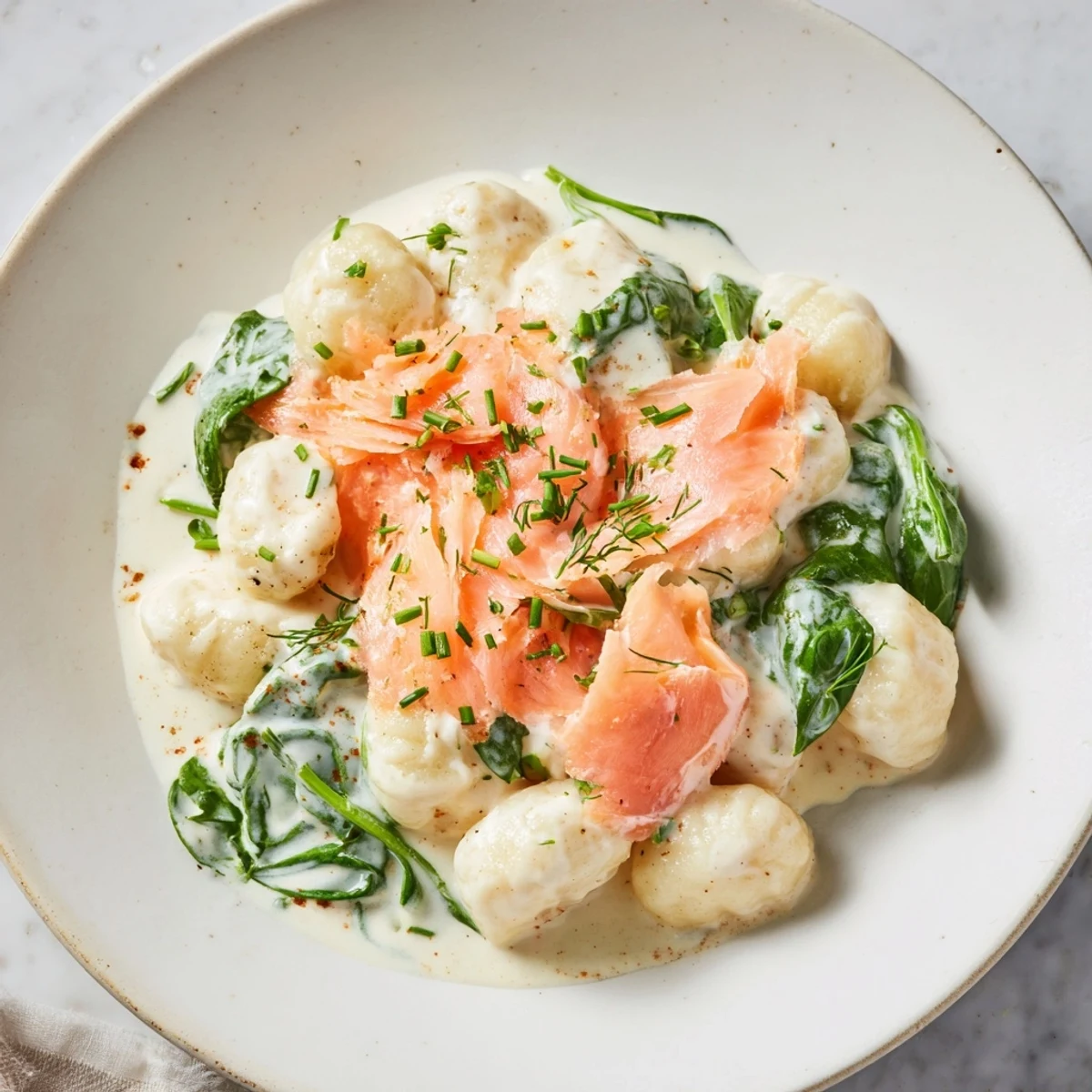 A close-up of Healthy Smoked Salmon Gnocchi with silky salmon strips on a white plate.