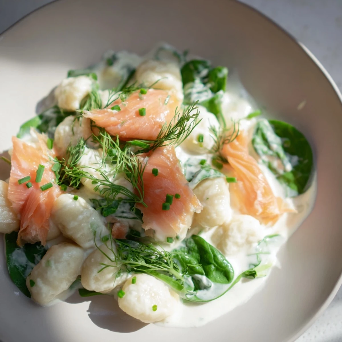 Fork-ready Healthy Smoked Salmon Gnocchi topped with fresh chives, ready to serve with white wine.