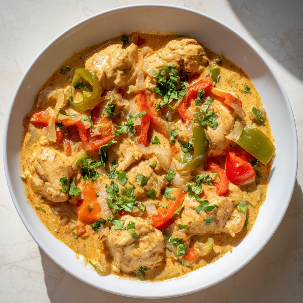 Golden chicken pieces simmering in a rich, creamy coconut milk sauce with vibrant red and green bell peppers.