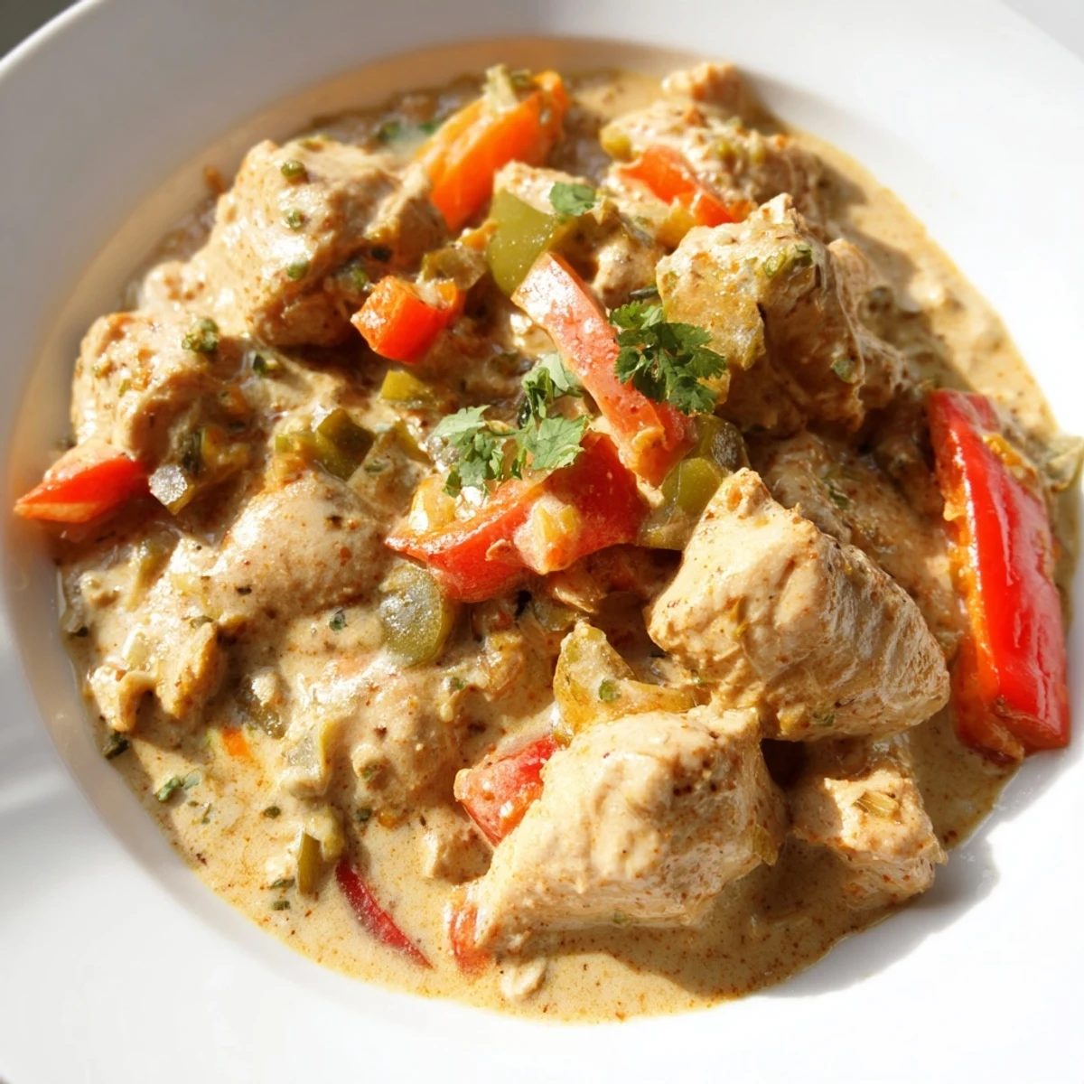 A comforting serving of Brazilian Coconut Chicken in a white bowl, garnished with fresh cilantro and lime wedges.