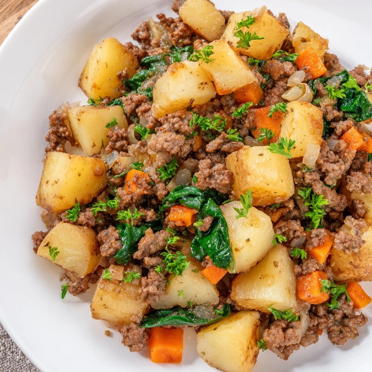 Steamed spinach and tender potatoes mixed into the High Protein Ground Beef and Potatoes, served hot in a skillet.