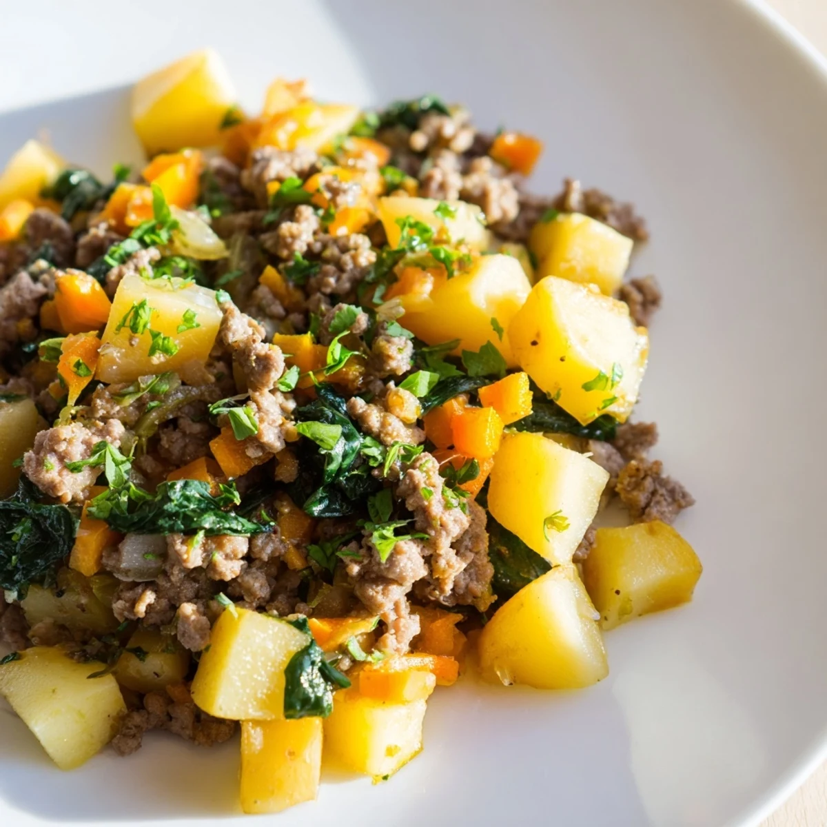 The High Protein Ground Beef and Potatoes dish features golden brown ground beef, diced potatoes, and a savory beef broth sauce.