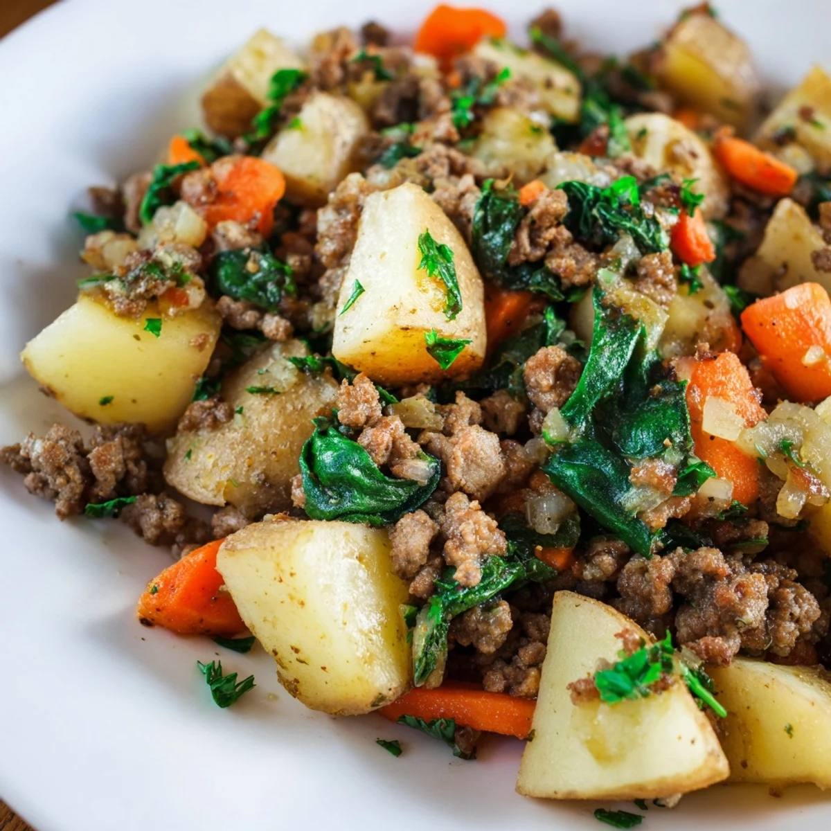 A close-up of High Protein Ground Beef and Potatoes showing melted cheddar cheese and fresh parsley on top.