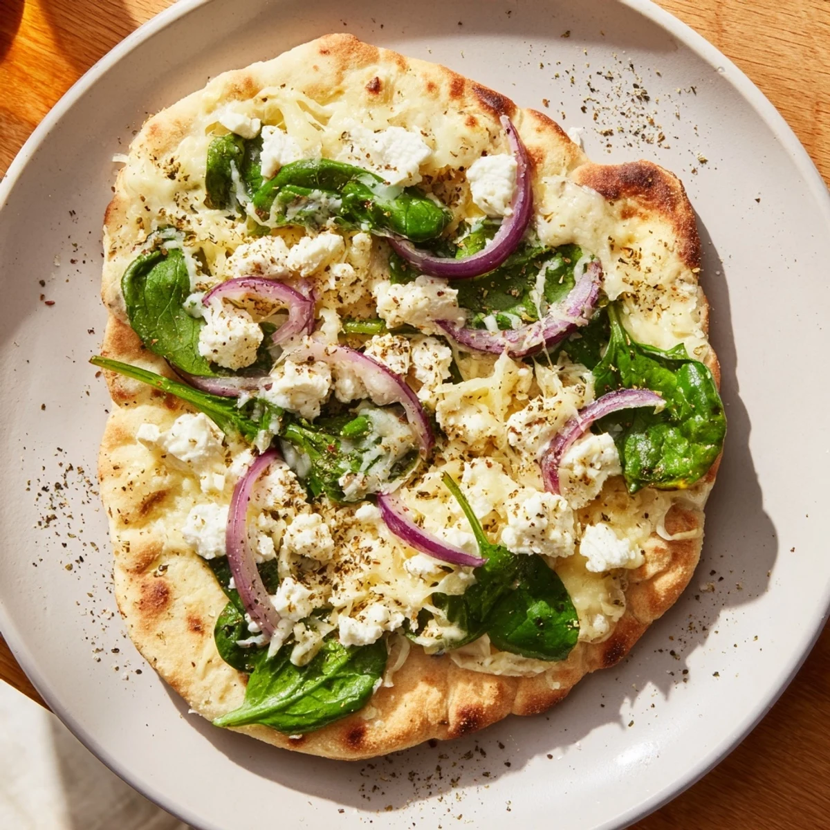 A golden, crispy Spinach and Feta Flatbread Pizza topped with melty mozzarella and fresh spinach leaves.