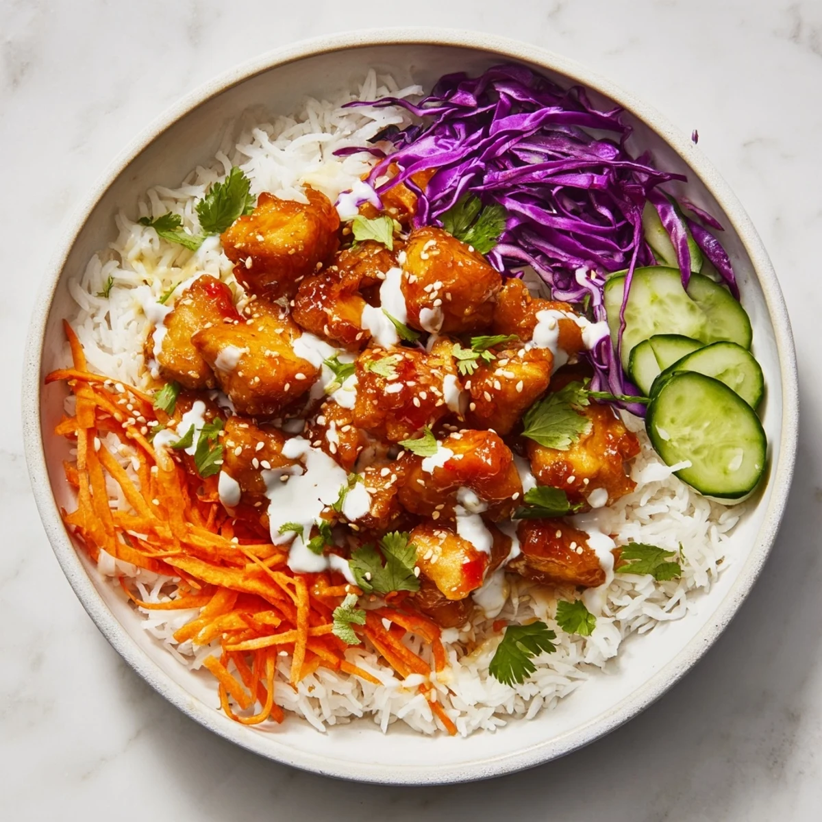 Golden chicken pieces glazed in sweet chili sauce sit atop fluffy jasmine rice with shredded cabbage and carrots in a Marry Me Sweet Chili Chicken Bowl.  