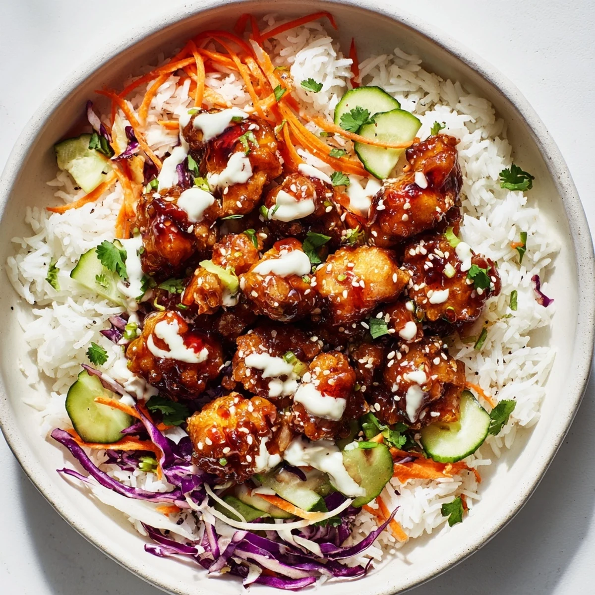 Vibrant vegetables and a creamy coconut lime drizzle add color and zest to this easy, fusion-style Marry Me Sweet Chili Chicken Bowl dinner.  