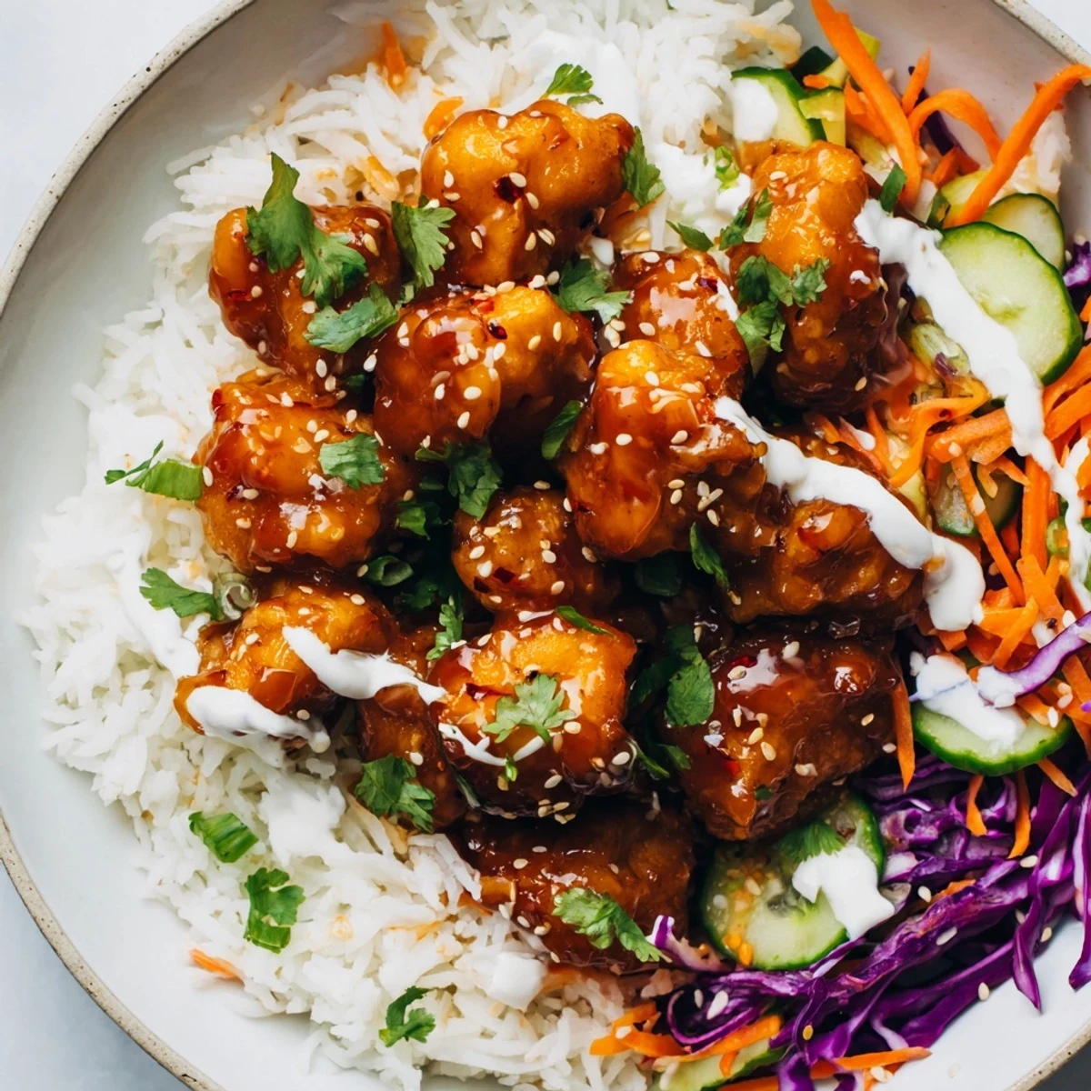 Family-style serving of the Marry Me Sweet Chili Chicken Bowl, garnished with cilantro and sesame seeds, alongside lime wedges for extra tang.