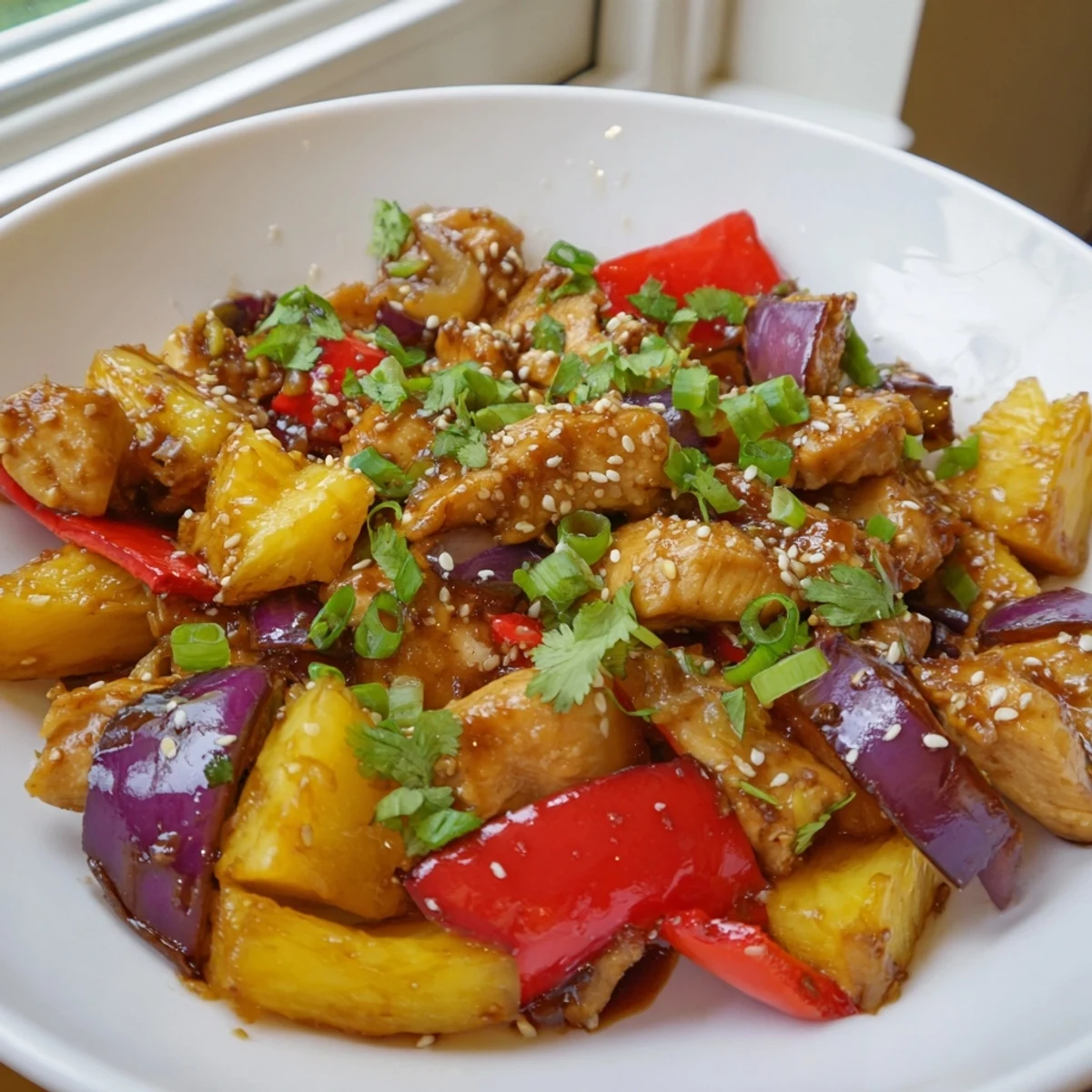 Marry Me Sheet Pan Hawaiian Chicken features golden chicken breasts and caramelized pineapple chunks on a single pan with colorful bell peppers, all glistening with a sweet-and-savory sauce.